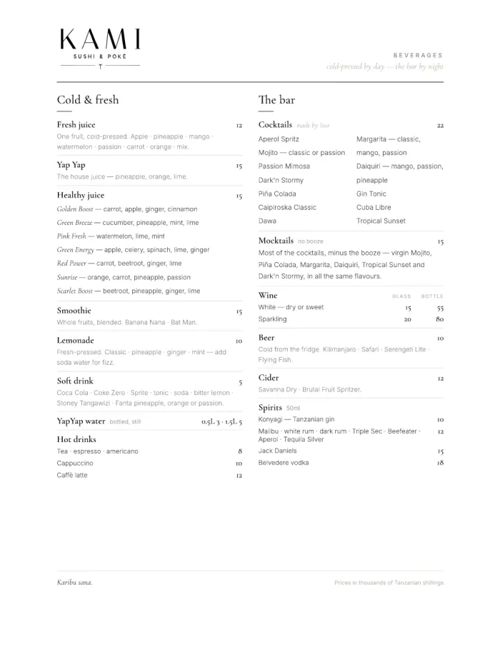 Menu bevande KAMI, pagina uno