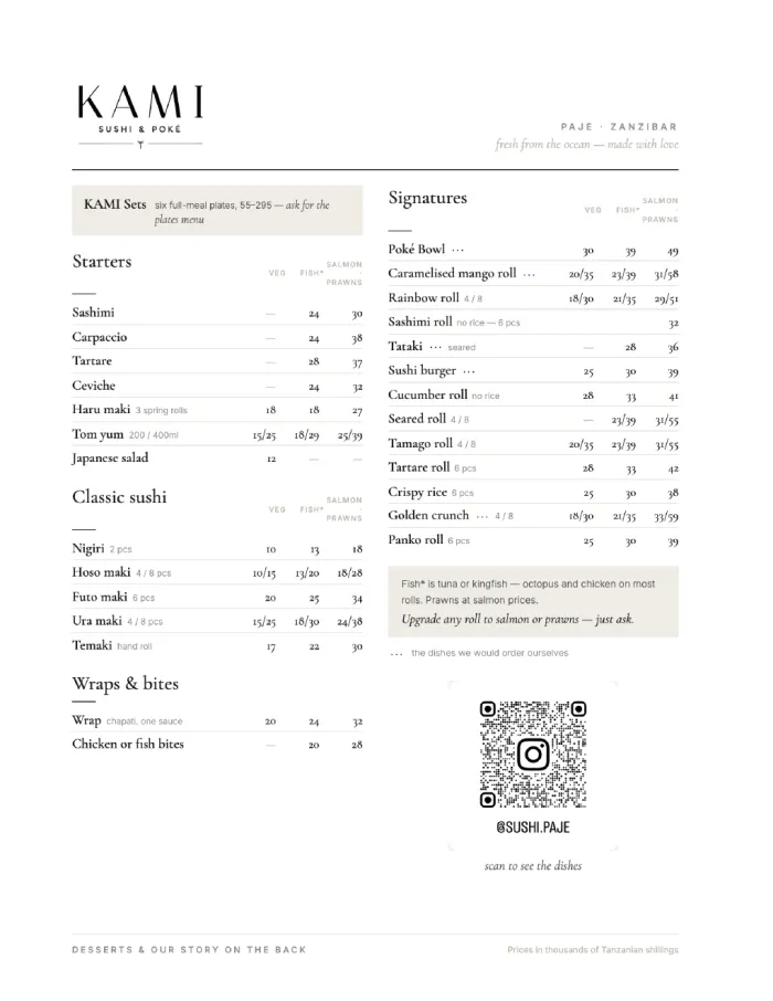 Menu cucina KAMI, pagina uno
